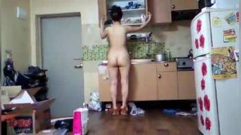 video of Korean Housewife Walking Nude In Kitchen
