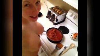 video of Cooking naked in the kitchen  Nice big tits