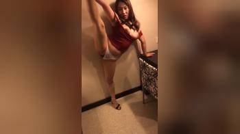 video of Asian GF leg up gymnastic pose flashing her pussy and tits