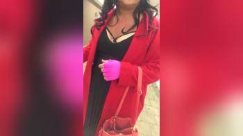 video of wife in red coat  loves flashing her pussy
