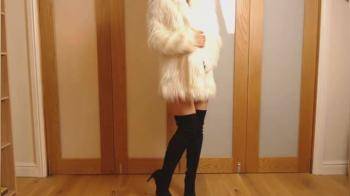 video of White Coat Thigh High Boots Strip