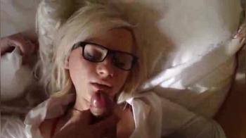 video of Blonde gets a lot of cum all over her glasses