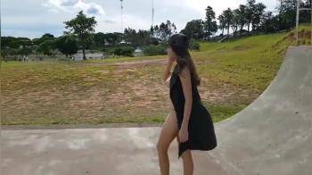 video of Pretty girl with long hair fingering on the track for skateb