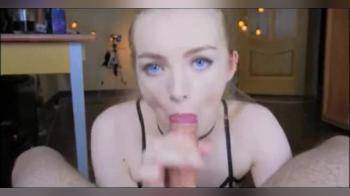 video of girl with incredible blue eyes and a pale skin getting a mouthful of cum