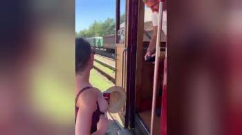 video of Sexy girls on a holiday flashing their tits to the conductor to get a free ticket for the train
