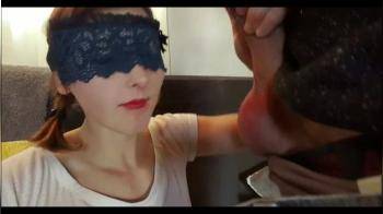 video of blindfolded cutie takes on two
