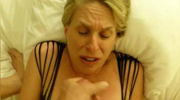 video of Mature blonde cum slutty wife pleads for his load and takes a thick shot of spunk in her mouth and over her face - she swallows and then licks his coc
