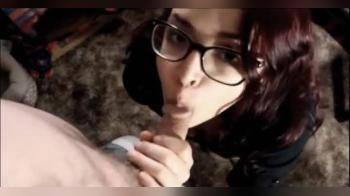 video of sexy curly haired brunette in glasses takes a creampie