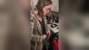 video of Cute nerdy GF flashing while making dinner