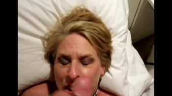 video of Short haired mature slut begs for cum as he jerks a load over her lips and mouth... she gulps it down like a thirsty kitten