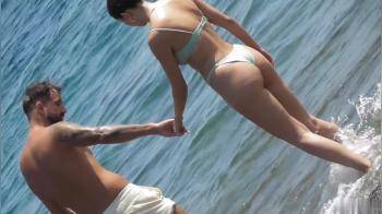 video of Green bikini creepshot at beach and shower