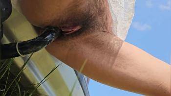 video of Natural HAIRY Pussy Fucks Retro Car TOW BAR