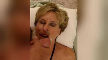 video of Horny mature blonde gets a thick, creamy cum facial, sucks his cock and licks it off her lips ending with a big SMILE